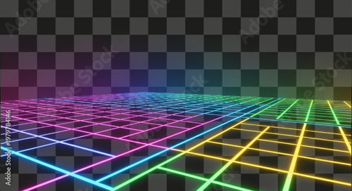 Colorful neon glowing grid pattern isolated on transparent background futuristic digital design abstract