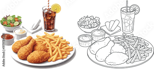 chicken fry with french fry and drinks vector illustration hand drawn clipart and lineart