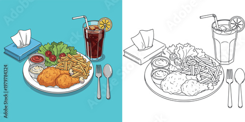 chicken fry with french fry and drinks vector illustration hand drawn clipart and lineart