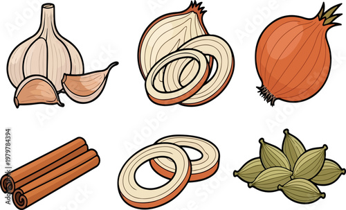  Essential Kitchen Ingredients - Garlic, Onion, and Spices Collection