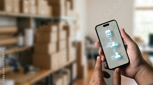 Quadro em tela Order tracking delivery on smartphone map showing shipping route and status for logistics service, helping customer communication, ecommerce operations, and online fulfillment planning