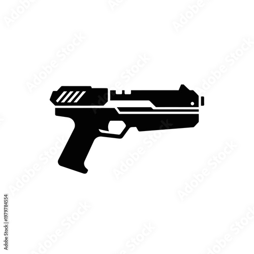 Futuristic Blaster Pistol Solid Black Silhouette Icon, Flat Vector Design for Sci-Fi