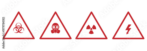 Caution signs set. Fire warning, hazard danger, high voltage icon. Attention, risk, flammable, skull, bone