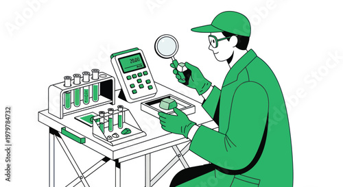 Green technician, inspecting electronics, quality control, vector illustration