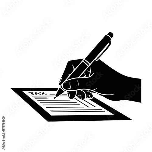 Hand Writing Tax Form Solid Black Silhouette Icon, Flat Vector Design for IRS Filing