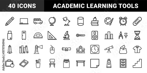 Minimalist education and school supplies outline icon grid