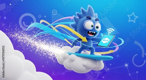 Blue Cartoon Character Surfing on Cloud with Phone.