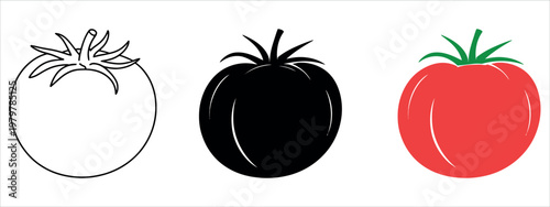 Minimalist line art depicting three tomatoes at different ripeness stages, ideal for food packaging, agriculture infographics, and healthy lifestyle designs.