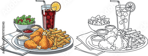 chicken fry with french fry and drinks vector illustration hand drawn clipart and lineart