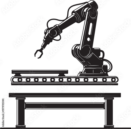 Black and white of a robotic arm mounted on a work table also transparent background, mechanical arm