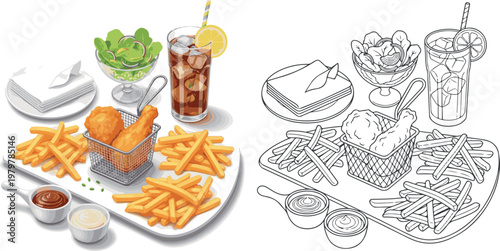 chicken fry with french fry and drinks vector illustration hand drawn clipart and lineart