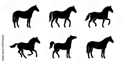 Black horse silhouettes set, 6 equestrian vector icons, running stallion shapes on white