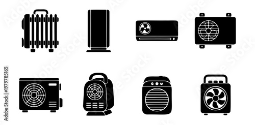 HVAC icon set, 8 black heater and air conditioner vectors, climate control equipment