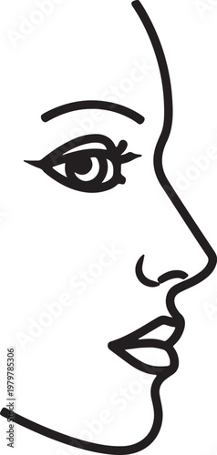 Black line profile of a woman's face with eyeliner and eyelashes also transparent background, line woman