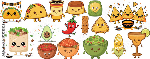 Web Kawaii Mexican Food Vector Bundle - Cute Cinco de Mayo Characters Set with Taco, Burrito, Avocado, and Margarita - Funny Cartoon Food Mascot Illustrations