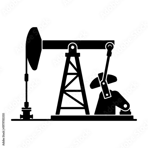 Industrial oil pump jack vector, black petroleum derrick icon, energy drilling rig sign