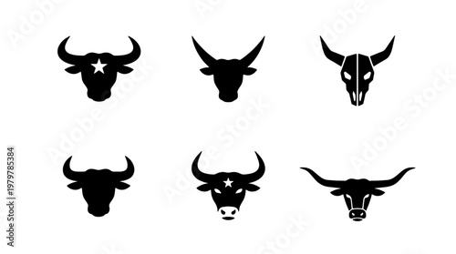 Bull head silhouette icons, 6 cattle skull vector set, western buffalo logo elements