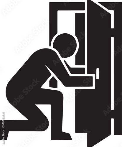 Black silhouette of a person crouching and looking through a keyhole also transparent background