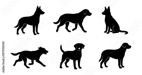 Dog silhouettes collection, black canine vector set, 6 pet animal icons for logo design