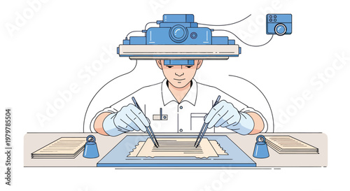 Medical professional, doctor, surgeon, operating under microscope, precision tools