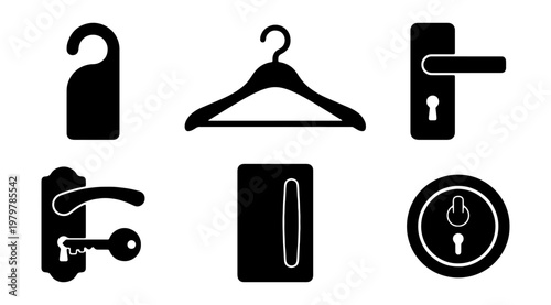 Hotel door icons set, black silhouette door handles and hanger, 6 vector elements