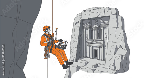 Rock climber, abseiler, rappelling down cliff face, stone cave, adventure sports