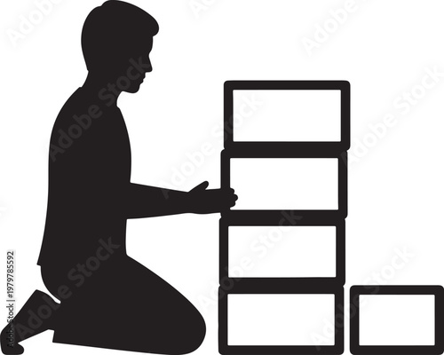 Silhouette of a person kneeling and organizing a stack of white boxes with one box set aside also transparent background