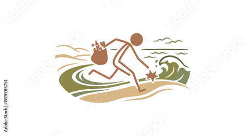 Beach Cleanup Person Collecting Starfish and Trash