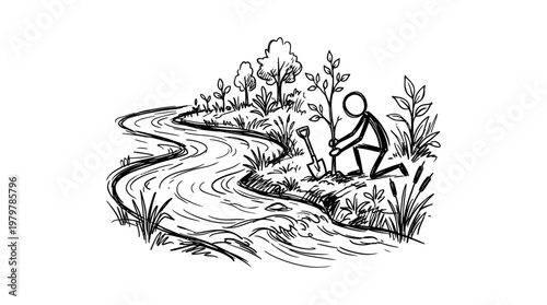 Planting a Tree by the River Environmental Conservation Concept