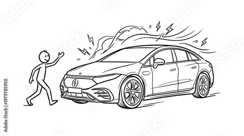 Cartoon Of A Car Leaving Sparks And A Person Walking