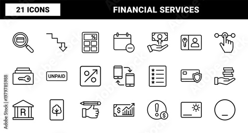 Minimalist finance and loan icon set with credit, banking, and investment line symbols