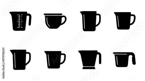 Measuring cup icons set, black kitchen pitcher silhouettes, 8 cooking vessel vectors