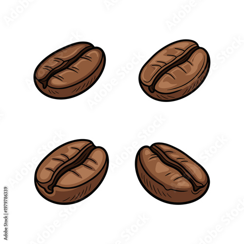 Four Roasted Coffee Beans Isolated on White Background.