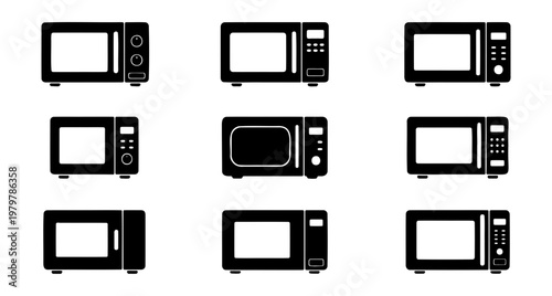 Microwave oven icon set, black kitchen appliance symbols, 9 vector electric oven icons
