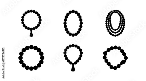 Prayer beads icon set, religious rosary vector silhouettes, 6 spiritual jewelry elements