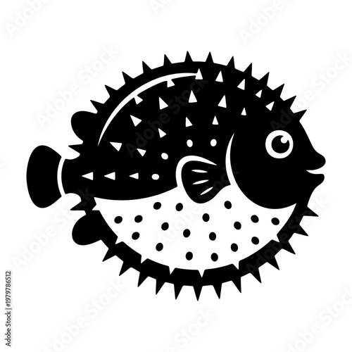 Pufferfish vector icon, black puffer fish silhouette, aquatic blowfish animal graphic