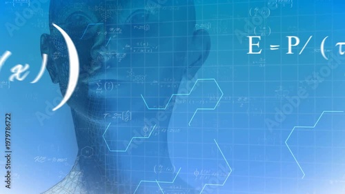 Opening hex grid revealing wire-mesh head emerging with formulas animating, visualizing data