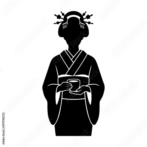 Japanese geisha silhouette vector, woman in kimono holding tea cup, oriental icon