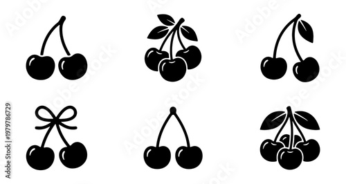 Black cherry icons set, 6 minimalist fruit vector elements, sweet berry food silhouettes