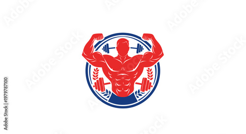 Bodybuilder Icon: Muscular Man, Dumbbells, Wheat Ears, Strength Symbol