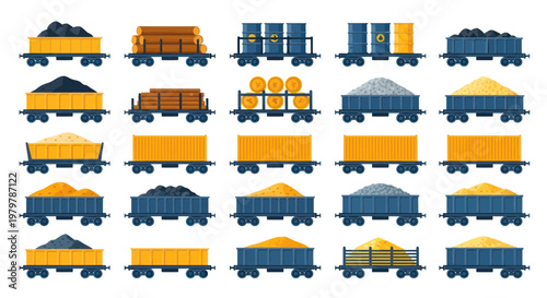 Collection of Freight Train Wagons Loaded with Coal, Logs, Barrels, Gravel, and Sand