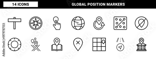 Minimalist navigation and location pin line icon set for maps and wayfinding