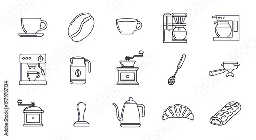 Coffee Icons Set: Cups, Beans, Grinders, Machines, Croissant, Pastry, Teapot