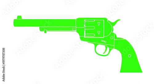 Green Neon Silhouette of a Vintage Revolver Pistol on White Background