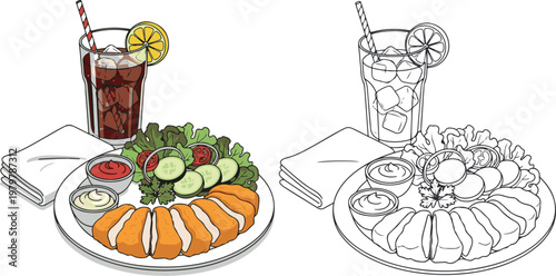 chicken fry with french fry and drinks vector illustration hand drawn clipart and lineart	