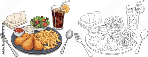chicken fry with french fry and drinks vector illustration hand drawn clipart and lineart	