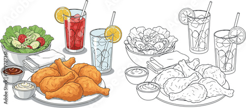 chicken fry with french fry and drinks vector illustration hand drawn clipart and lineart	