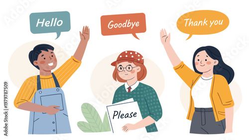 Diverse people showing common greetings and farewells with friendly gestures and speech bubbles