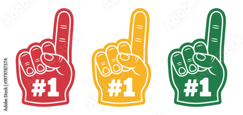 Sports foam finger icon colorful number one gesture, cheering fan symbol of team loyalty, enthusiasm and celebration, vector illustration for sports events, stadium support, and fan engagement design.