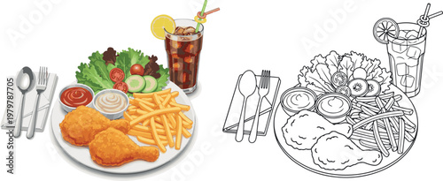 chicken fry with french fry and drinks vector illustration hand drawn clipart and lineart	